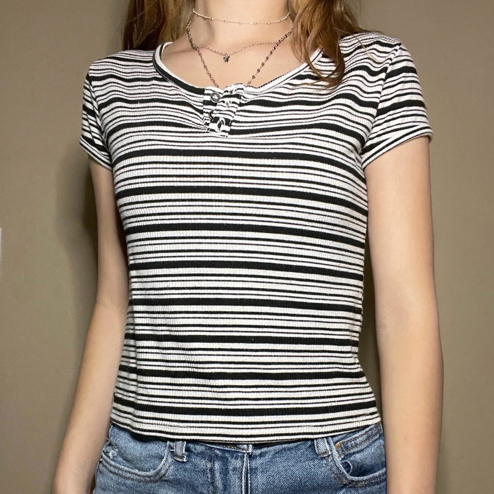 black and white stripped tee with buttons